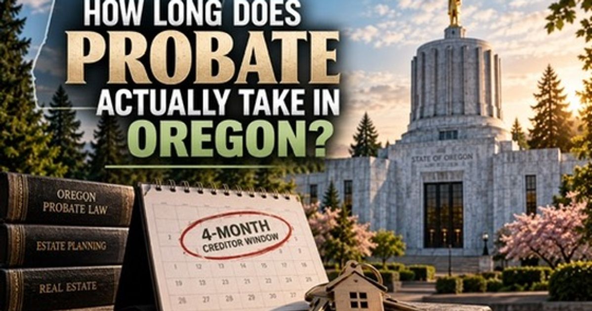 Oregon State Capitol behind a stack of Oregon probate law books and a calendar with the four-month creditor window circled in red