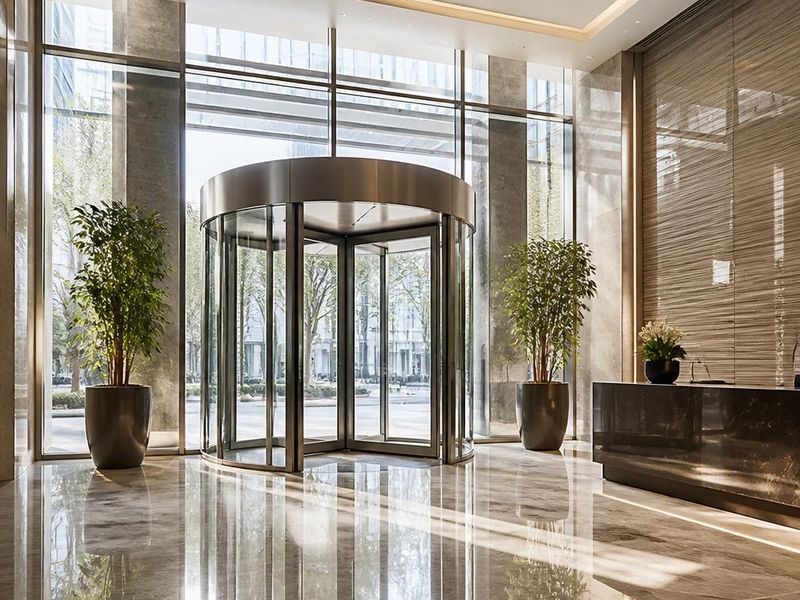 Elegant entrance lobby with polished glass features