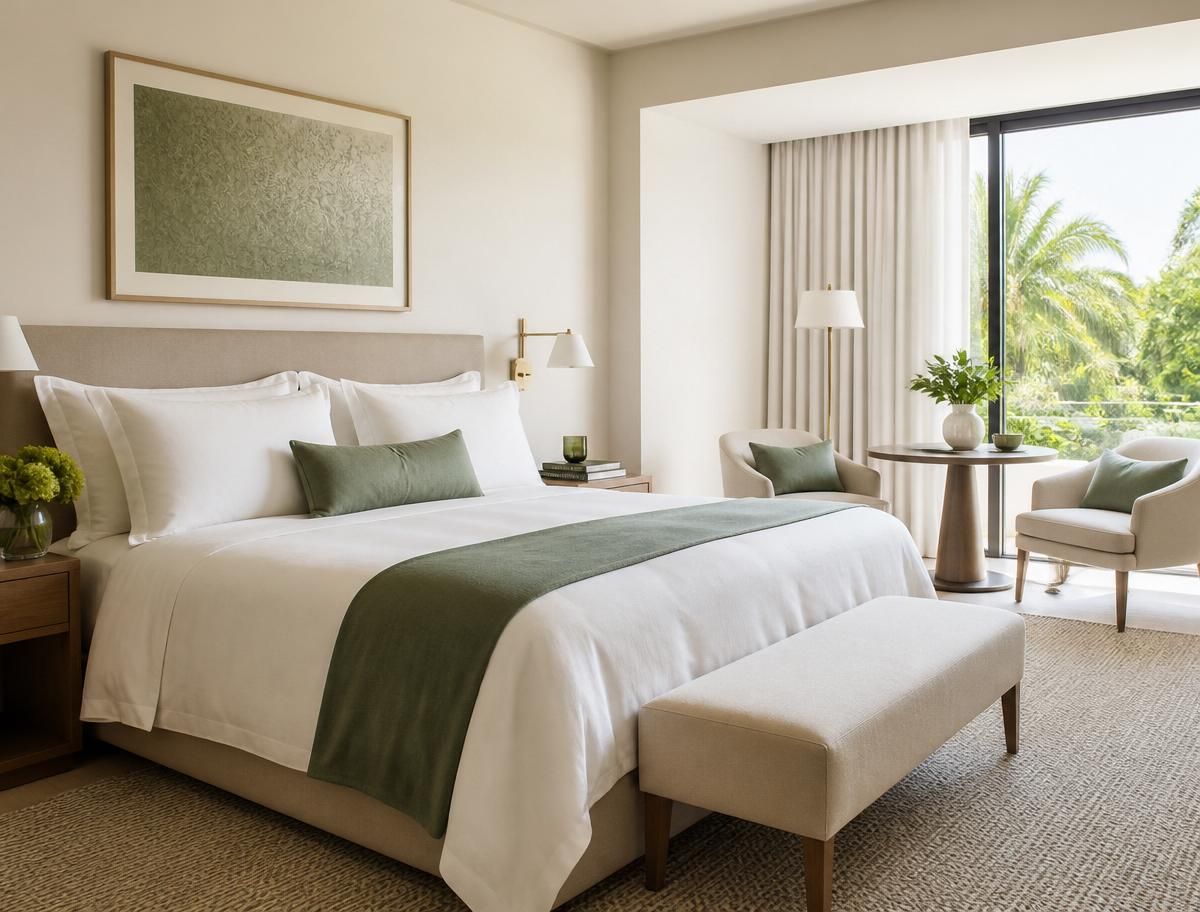 Serene luxury bedroom prepared for short-term guests