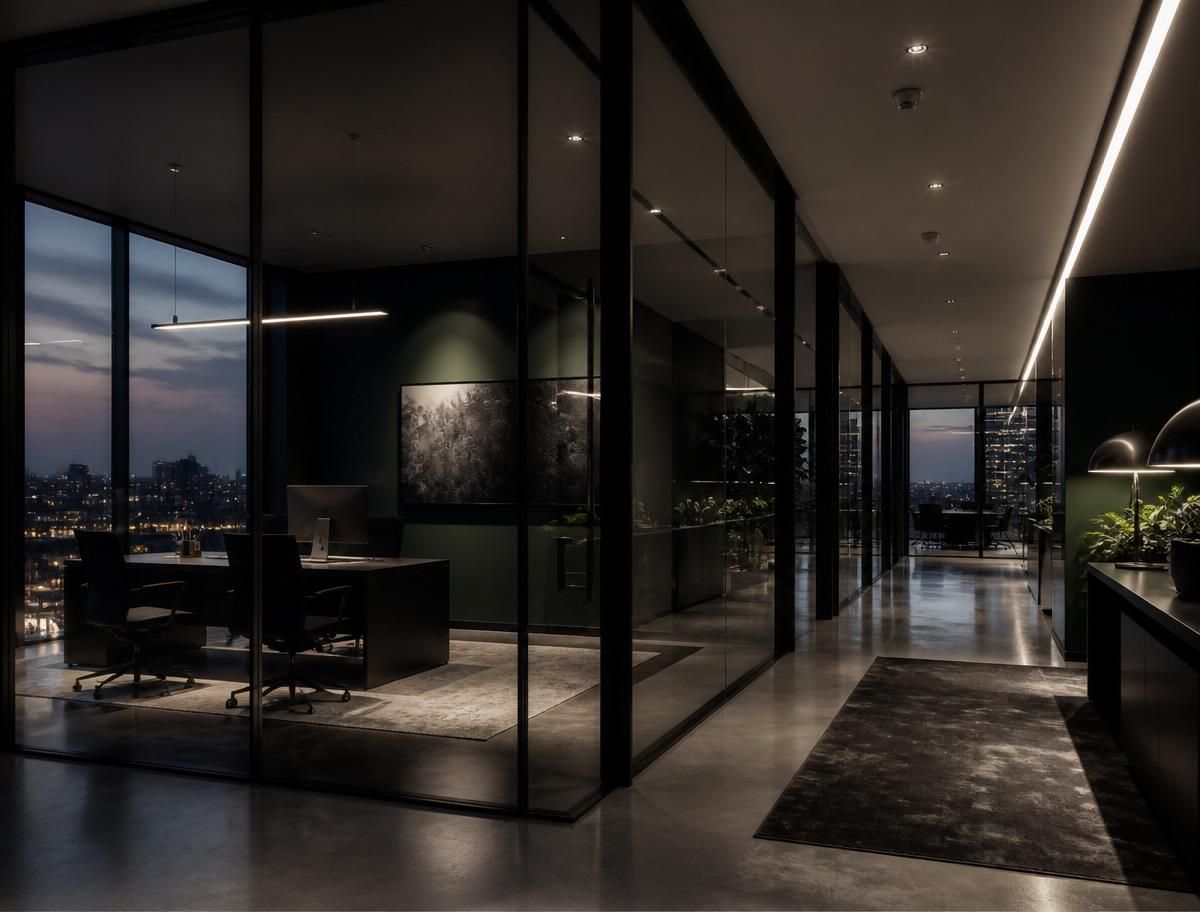 Sleek commercial office interior at dusk