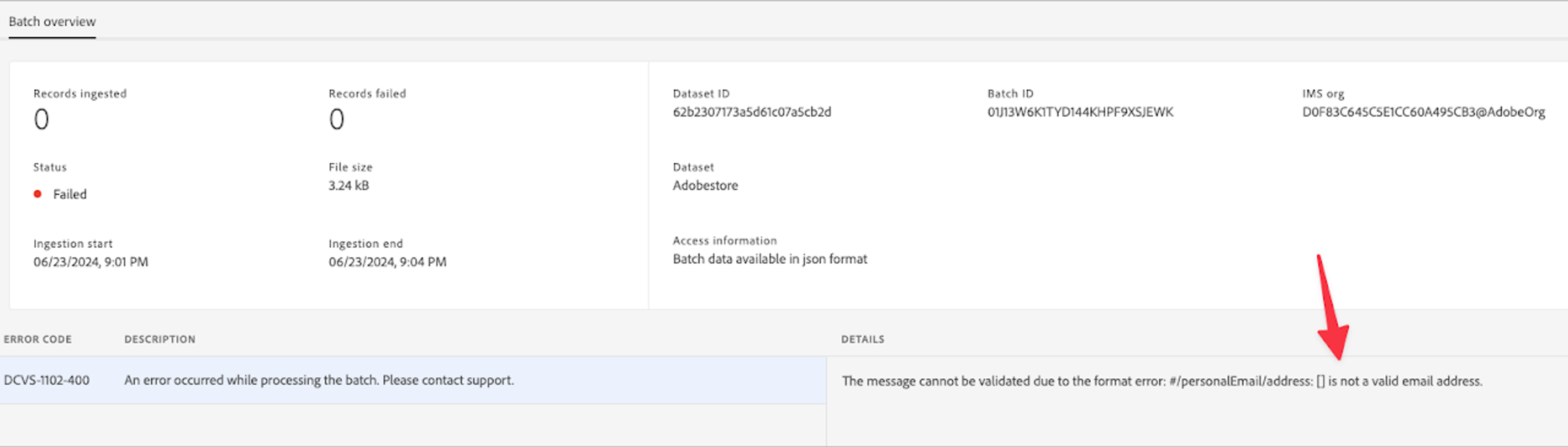 Looks like something is getting passed into an XDM field meant to capture email address, but it's either a null array or something and it's unclear