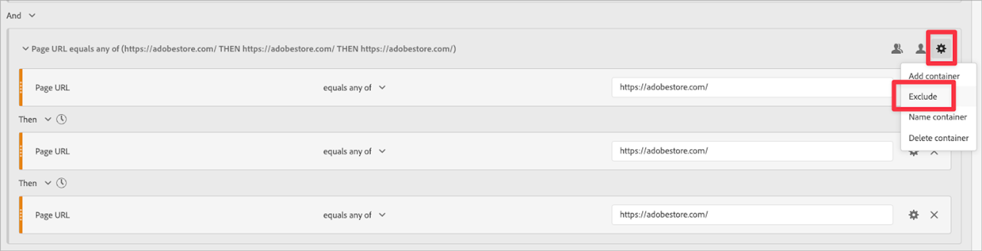 You can find the Exclude button for Segment Containers by clicking that Gear in the top-right.