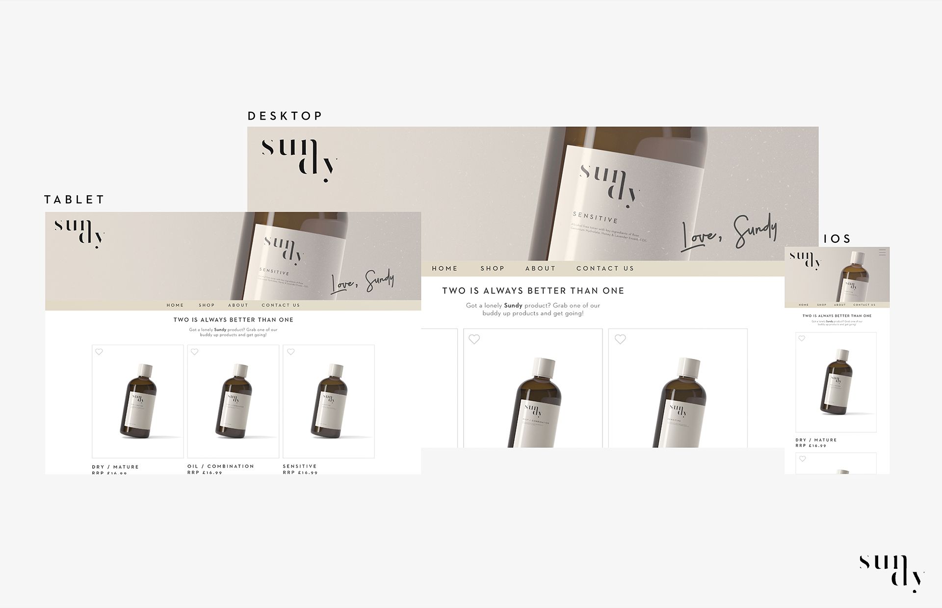 Online store inspirational mock up for SundySkin launch collection products, featuring 3 organic toners and 3 organic facial serums. By Tom Matthews @novacreate