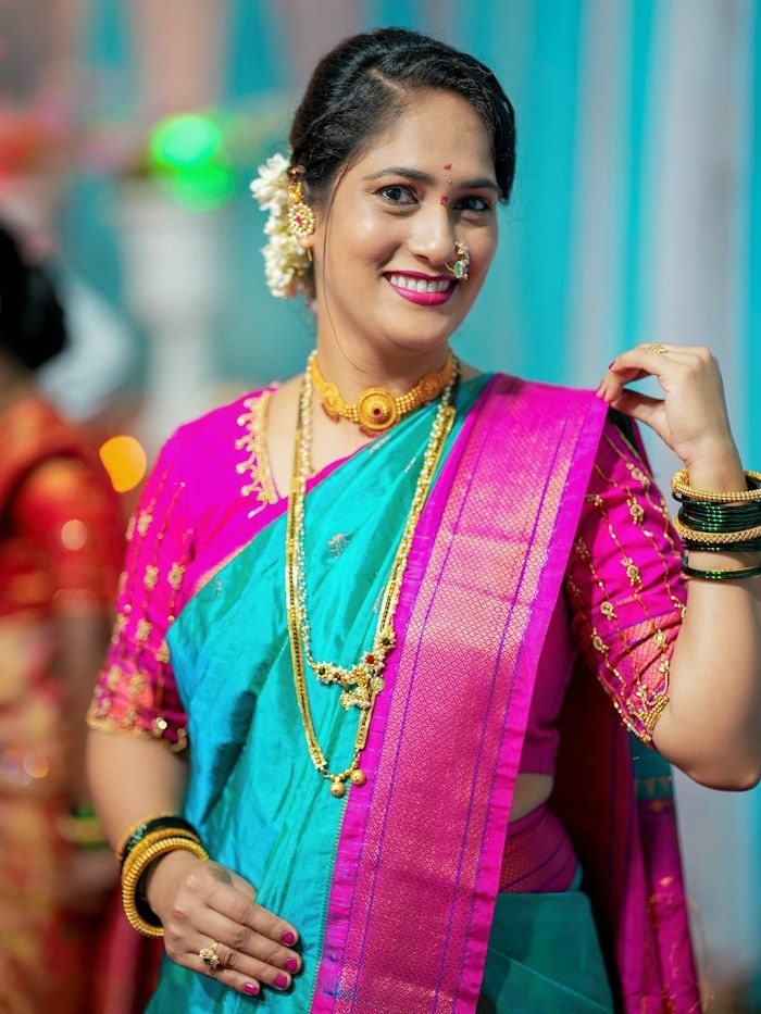 turquoise and pink silk saree