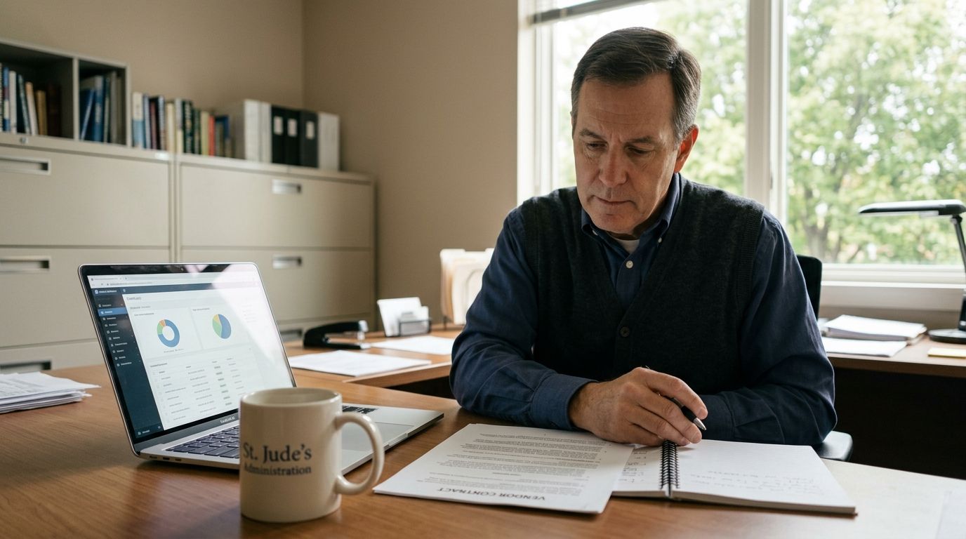 Open notebook with AI governance checklist next to a laptop showing a church management dashboard