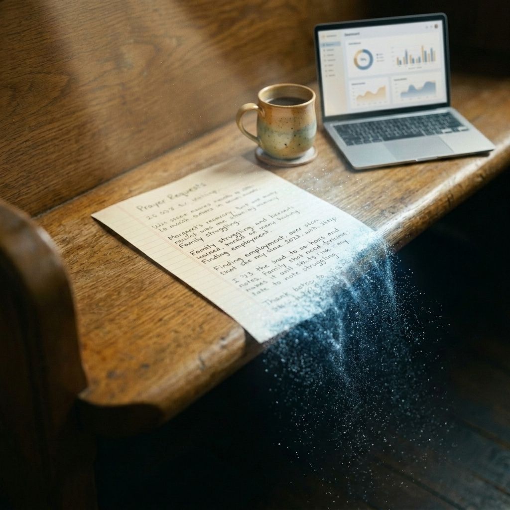 Church administrator reviewing a data privacy policy on a laptop screen with ChMS dashboard open
