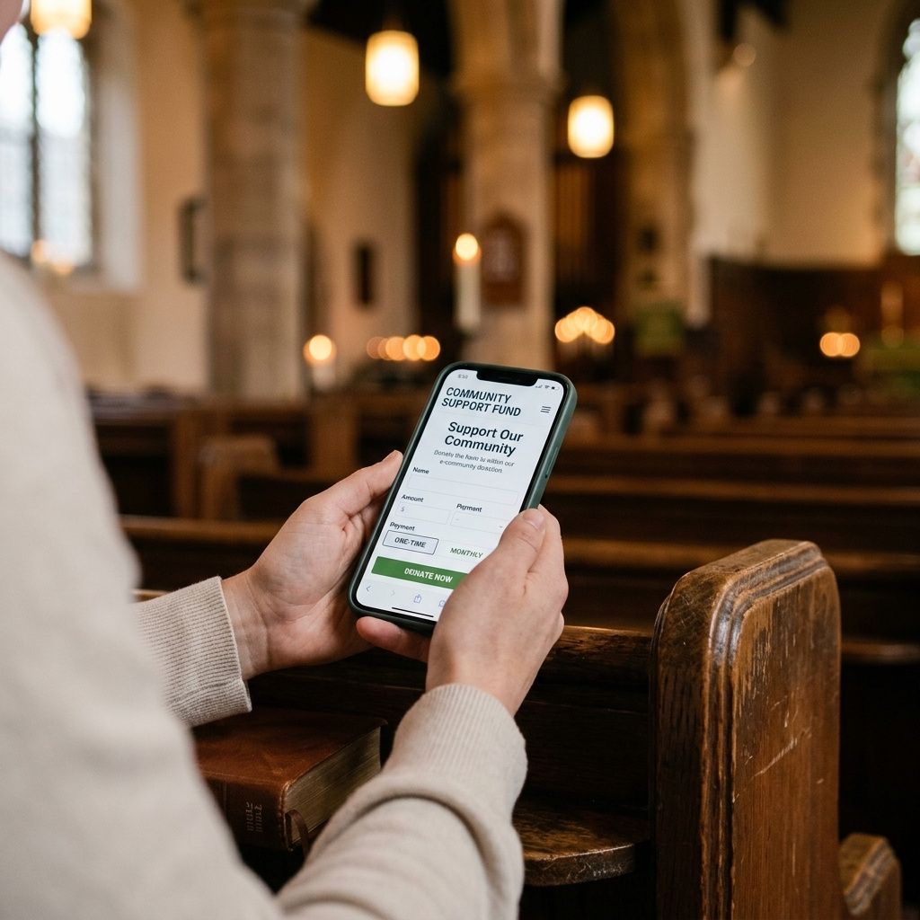 Church leader planning a digital giving strategy on a tablet with giving analytics on screen