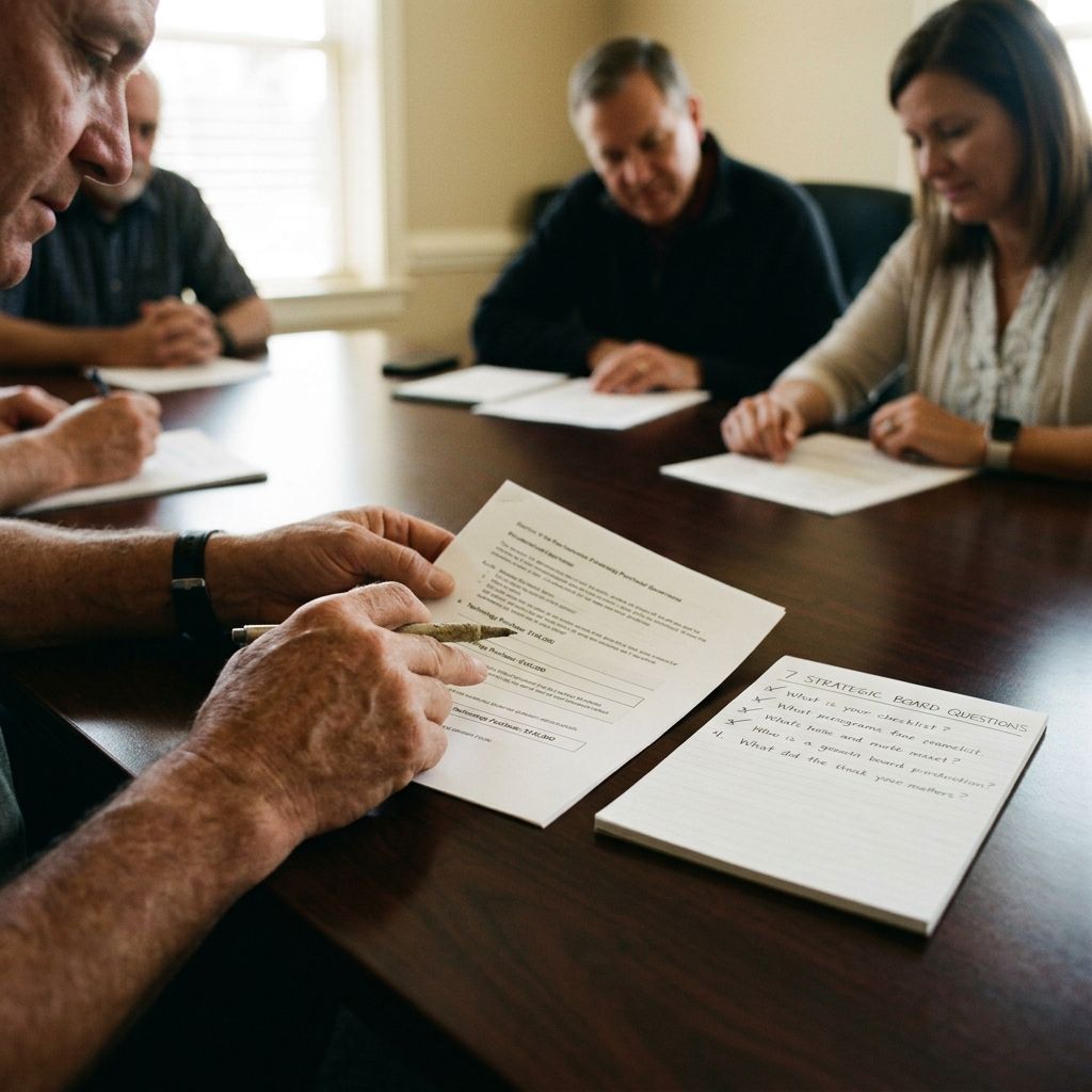 Church board reviewing a technology purchase proposal with critical questions