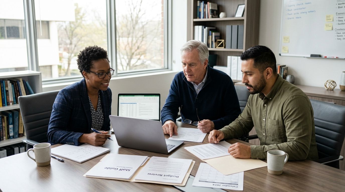 Church leadership team reviewing denominational AI guidance for technology decisions