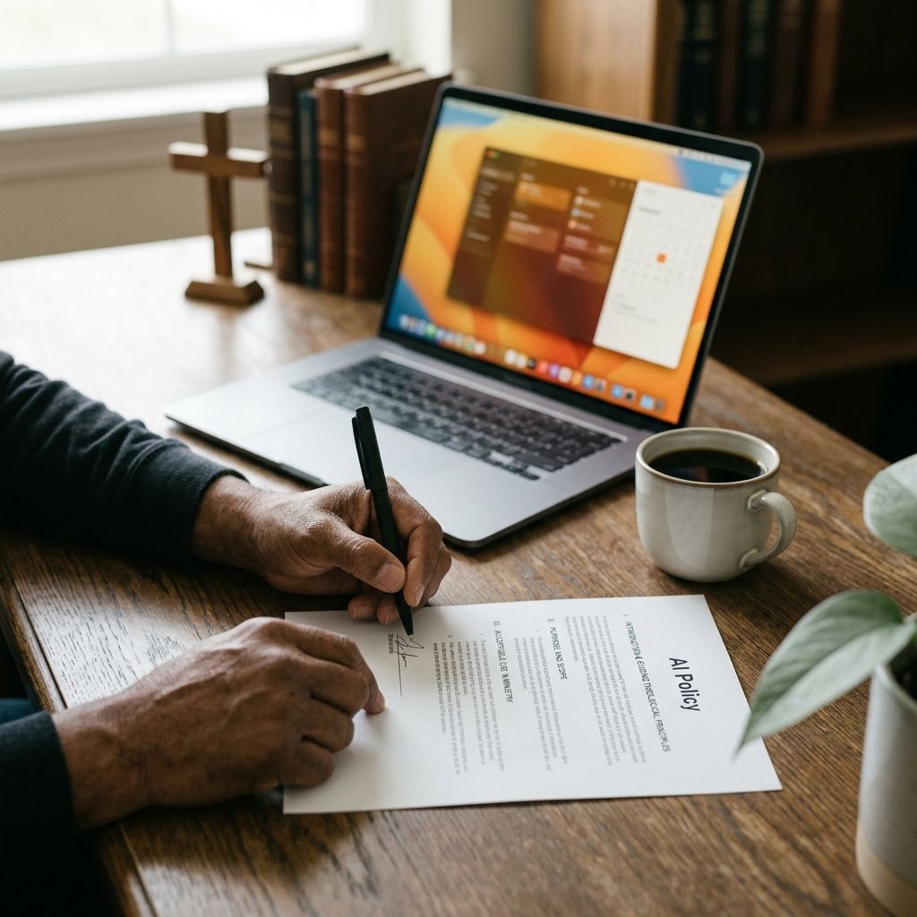 Church leadership drafting an AI policy while staff use AI tools without formal guidelines