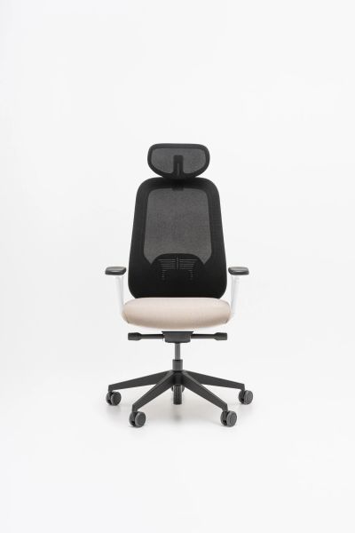 Ergonomická kancelárska stolička Iris s opierkou hlavy, sieťovaným operadlom a béžovým sedákom
