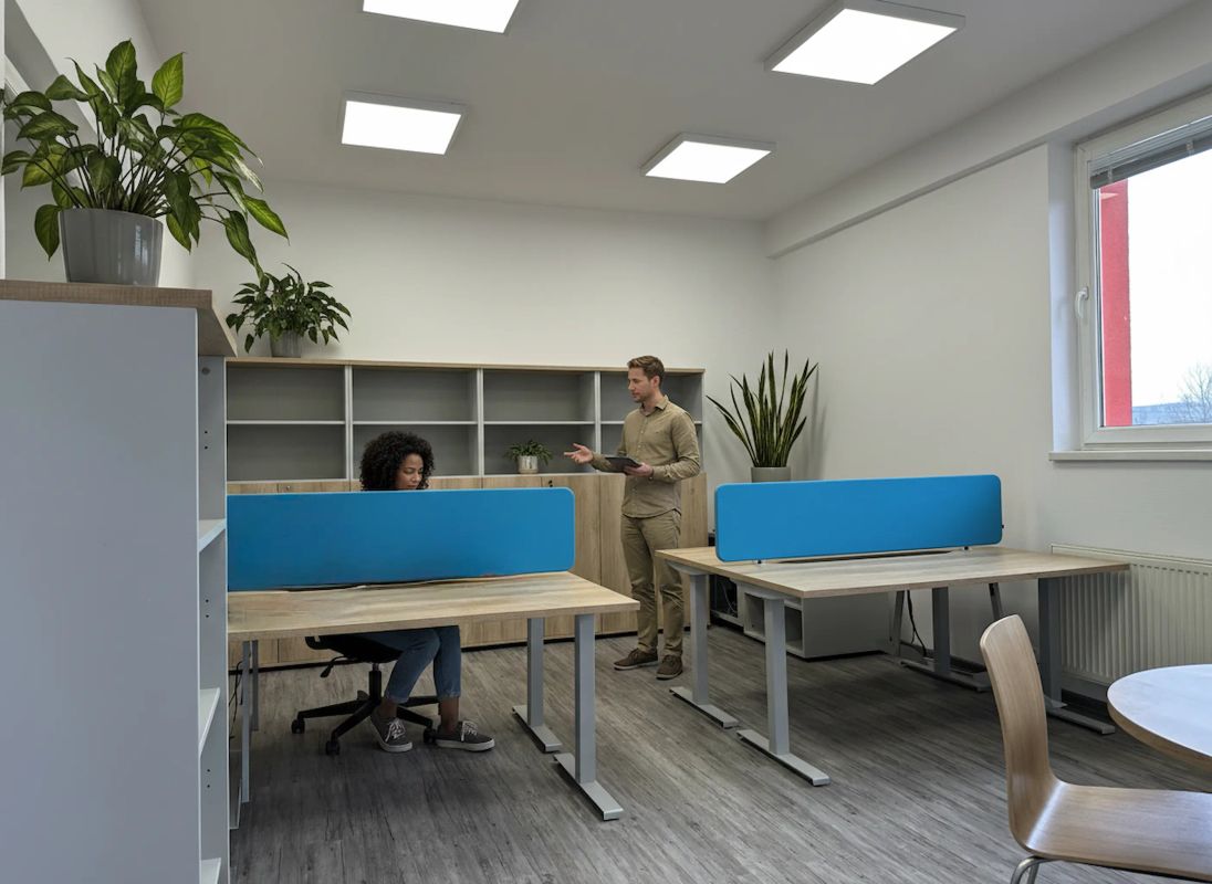 Moderná kancelária v Spišskej Novej Vsi s modrými paravánmi a zeleňou pri pracovných stoloch