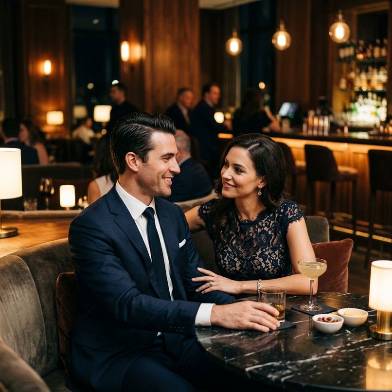 A woman and man sitting together in a lounge, smiling and looking into each other's eyes