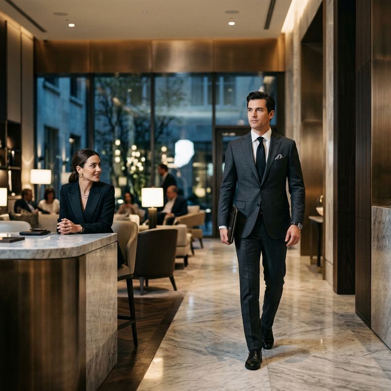 A well-dressed, sophisticated man getting noticed by a woman because he smells good