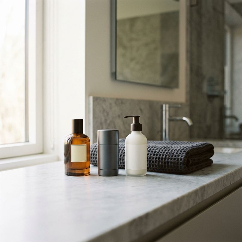 A towel on a bathroom counter next to bottles of body wash, lotion, and deodorant