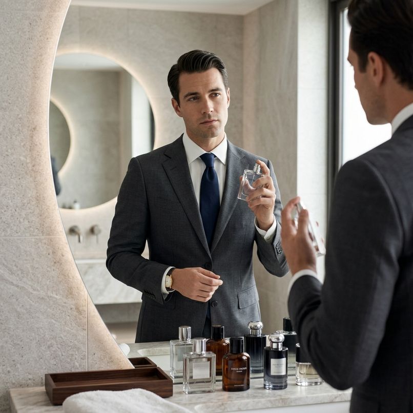 A man looking in the mirror while spraying on cologne