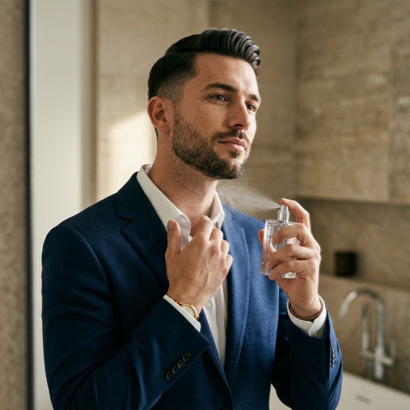 A man spraying cologne on himself