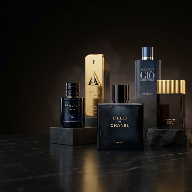 A collection of premium men's cologne bottles for the best colognes of 2025 roundup