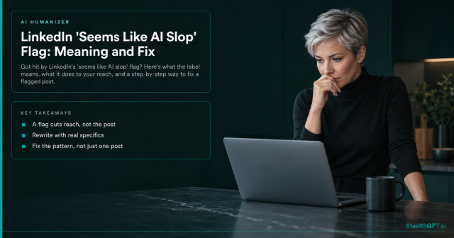 Woman with a silver pixie cut reacting to her laptop at a kitchen island, beside the title LinkedIn's Seems Like AI Slop Flag: Meaning and Fix