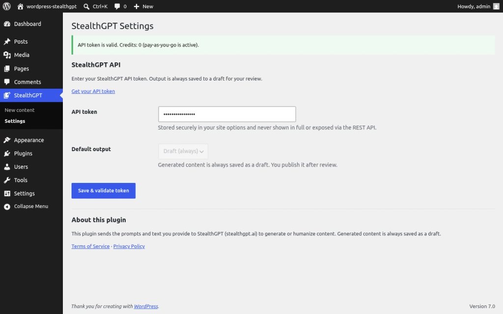 Wordpress setting screen for adding API token
