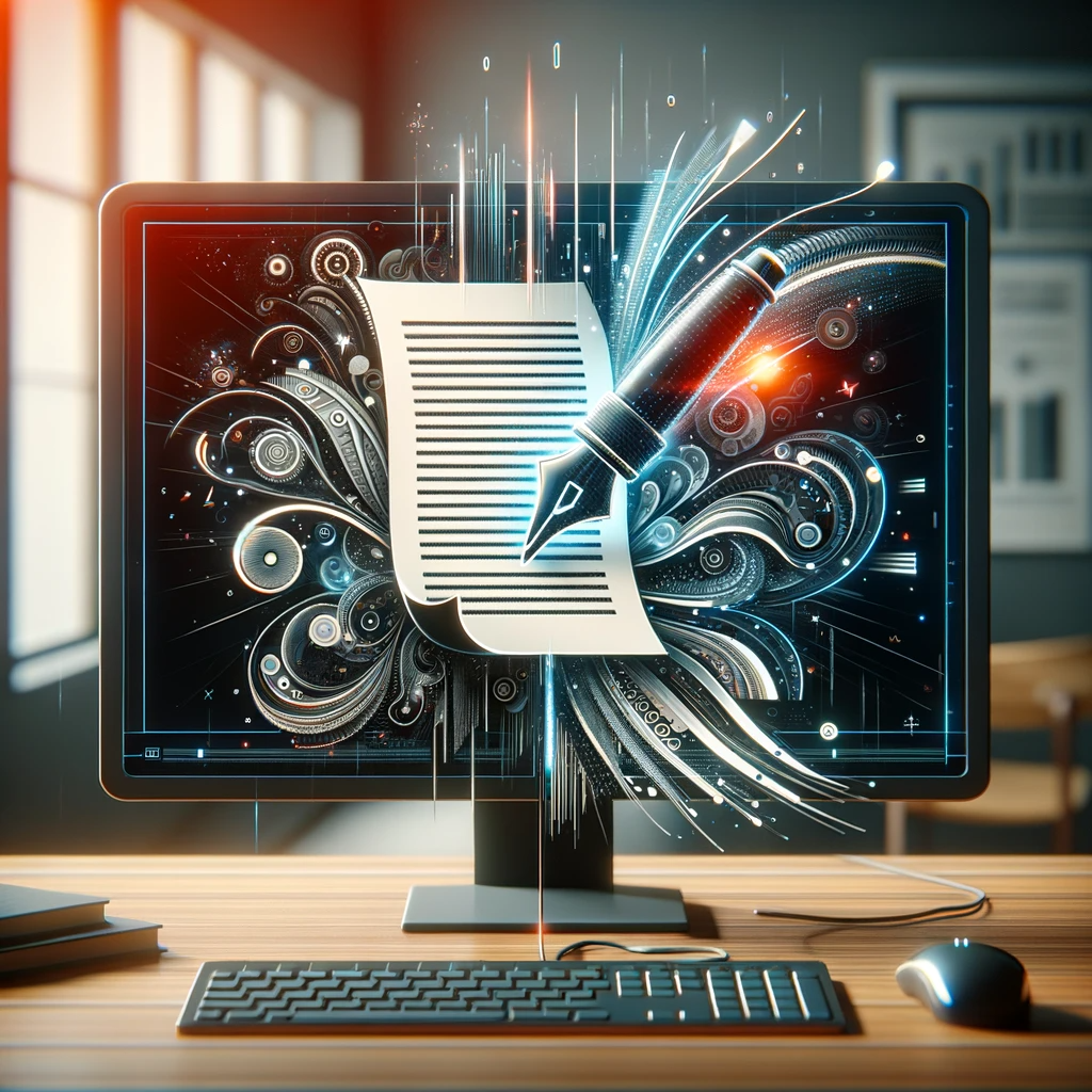 DALL·E 2023 11 19 16 44 28 An Artistic Representation Of An Essay Generator At Work On A Computer Screen, Without Showing Any Actual Text The Computer, Modern And Sleek, Has A