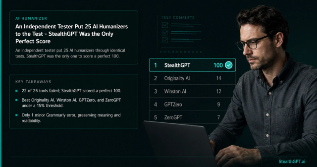 Independent test of 25 AI humanizers, StealthGPT scores a perfect 100