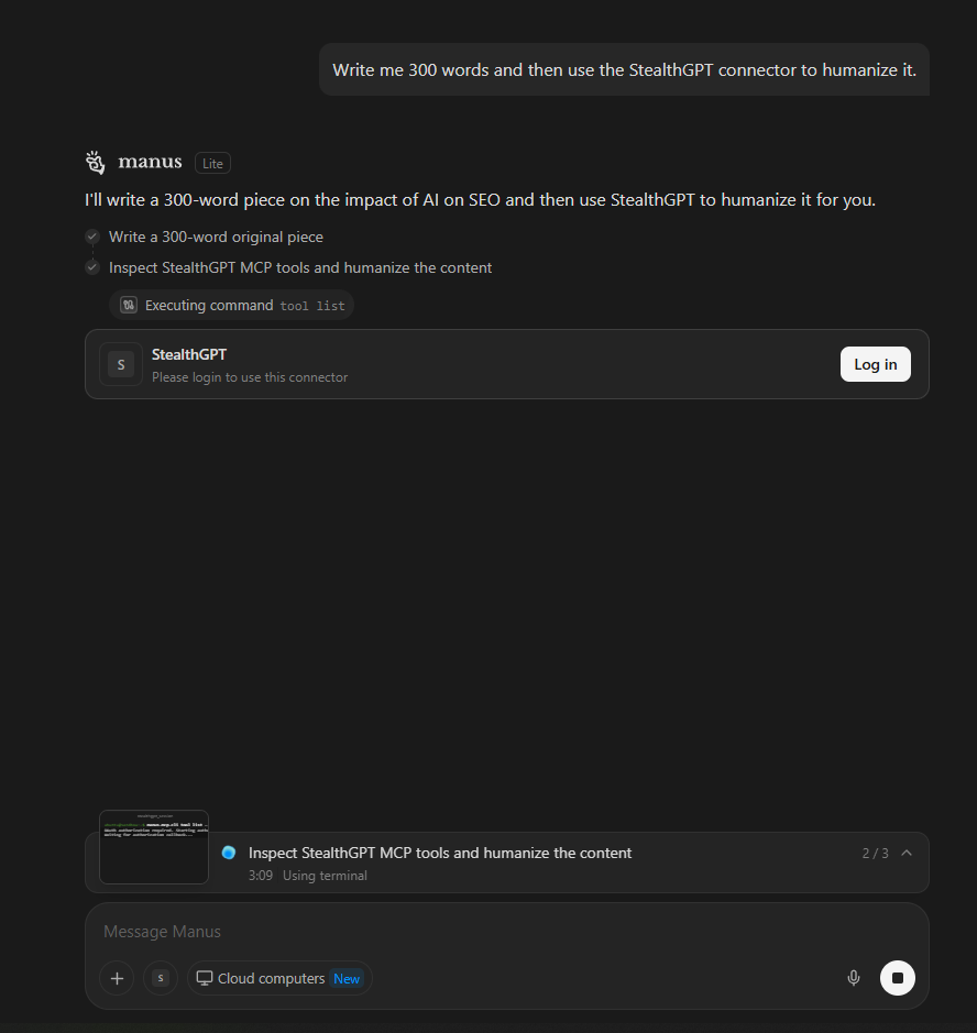 A login request in the Manus terminal for StealthGPT to use the MCP tool