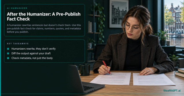 Young woman with a chestnut ponytail comparing two printed drafts with a red pen, beside the title After the Humanizer: A Pre-Publish Fact Check