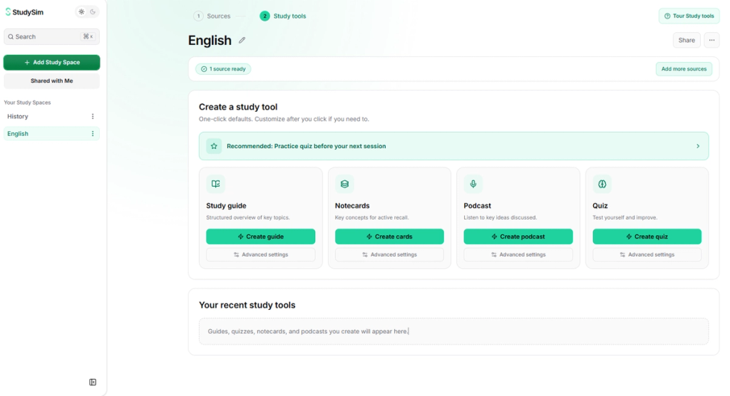 StudySim.ai dashboard