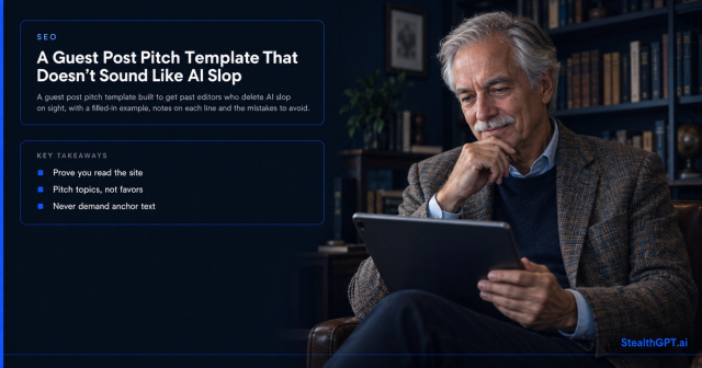 Older man with a white mustache in a tweed blazer reading a pitch email on a tablet in a book-lined study, beside the title A Guest Post Pitch Template That Doesn't Sound Like AI Slop