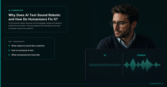Teal explainer card with a waveform-to-text graphic and headline "Why Does AI Text Sound Robotic and How Do Humanizers Fix It?" on navy