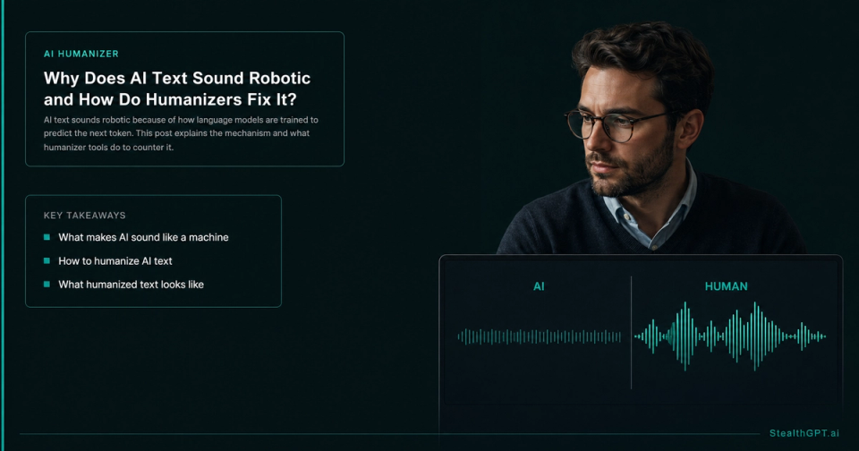 Teal explainer card with a waveform-to-text graphic and headline "Why Does AI Text Sound Robotic and How Do Humanizers Fix It?" on navy
