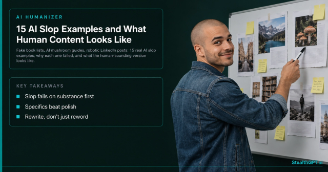 Man in a denim jacket pointing a marker at magazine pages on a whiteboard, beside the title 15 AI Slop Examples and What Human Content Looks Like