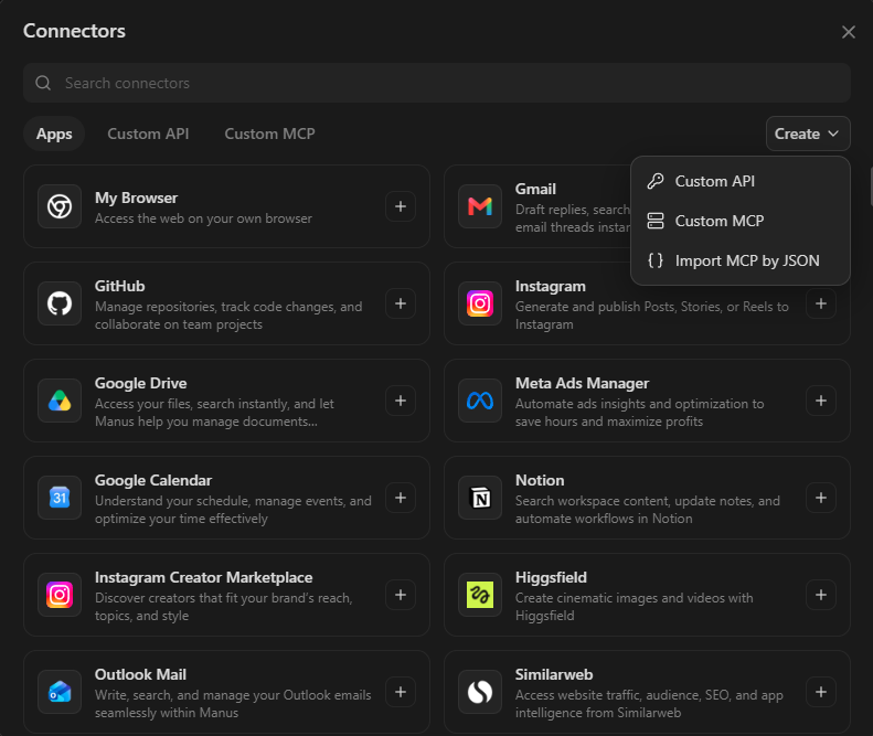 Setting up a custom MCP tool in Manus settings