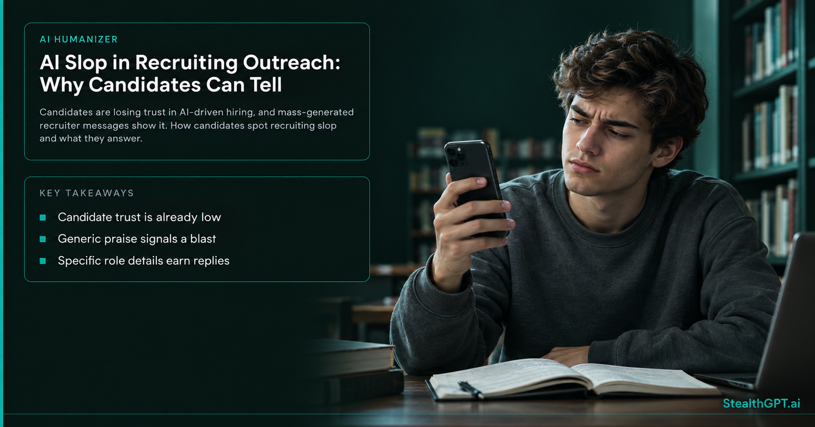 Young man in a sweatshirt at a library table squinting skeptically at a recruiter message on his phone, beside the title AI Slop in Recruiting Outreach: Why Candidates Can Tell