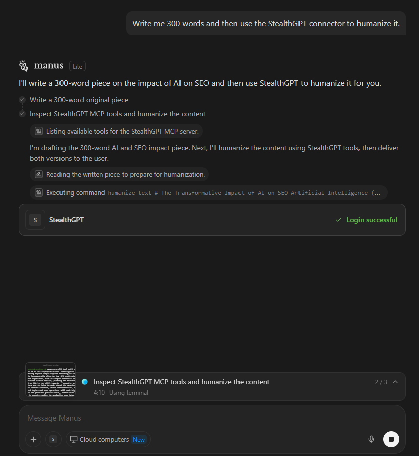 Prompting Manus to generate a text and then humanize it using the StealthGPT MCP tool