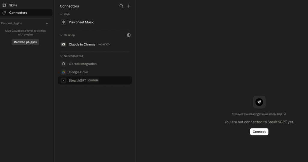 connecting the StealthGPT MCP tool Claude in custom connectors