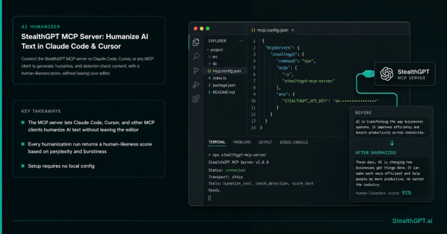 StealthGPT MCP server humanizing AI text inside a code editor in Claude Code and Cursor, with human-likeness score
