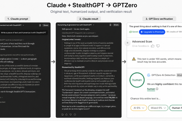 A 3 frame iimage showing the steps of generating humanized output from Claude with the StealthGPT MCP tool