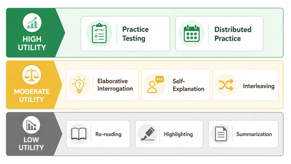 Chart ranking study techniques by research effectiveness into high, moderate, and low utility tiers
