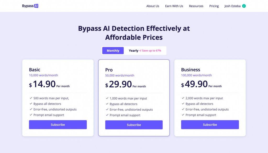 Bypass AI Monthly Pricing