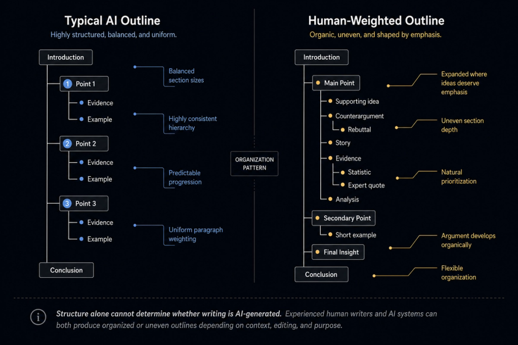 annotated outline comparing a "tidy" AI structure to an uneven, human-weighted one