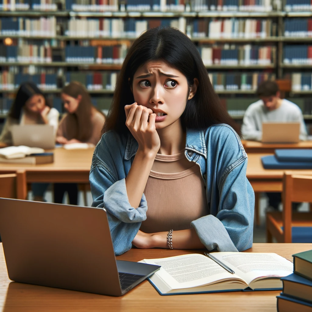 DALL·E 2023 11 19 16 52 24 A College Student Looking Worried And Anxious In A Library, Concerned That Their AI Generated Essay Will Be Noticed By Professors The Student, A Youn