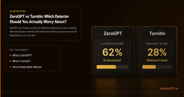 Amber split-panel thumbnail reading "ZeroGPT vs Turnitin" with two detector score readouts on a deep navy background