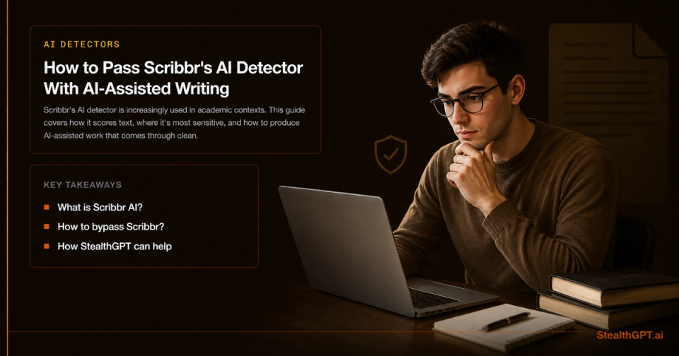 Amber how-to thumbnail with a checkmark-on-paper graphic and headline "How to Pass Scribbr's AI Detector With AI-Assisted Writing" on deep navy