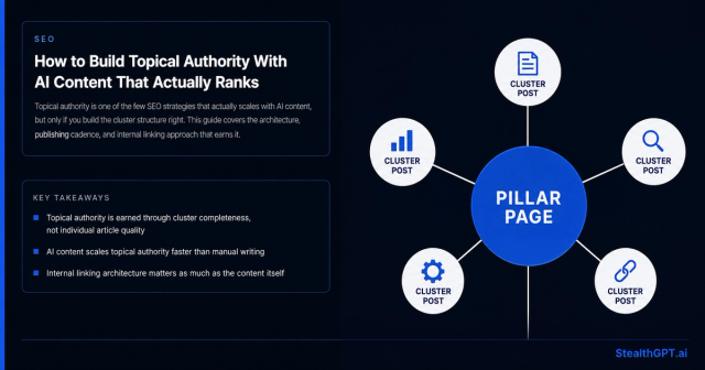 Royal blue how-to card with a topic cluster diagram icon and headline "How to Build Topical Authority With AI Content That Actually Ranks" on navy