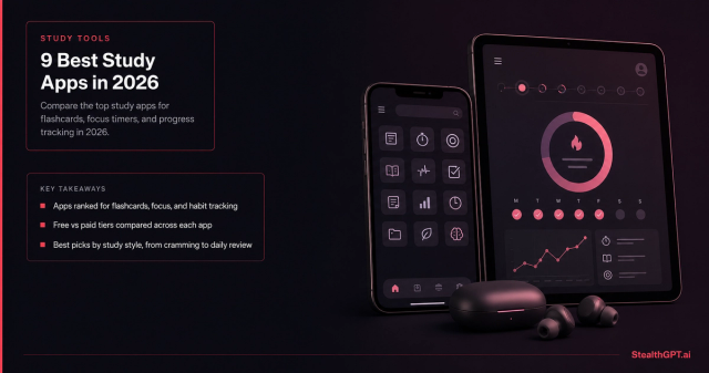 Smartphone and tablet showing study app dashboards with a progress ring, next to wireless earbuds — StealthGPT.ai thumbnail