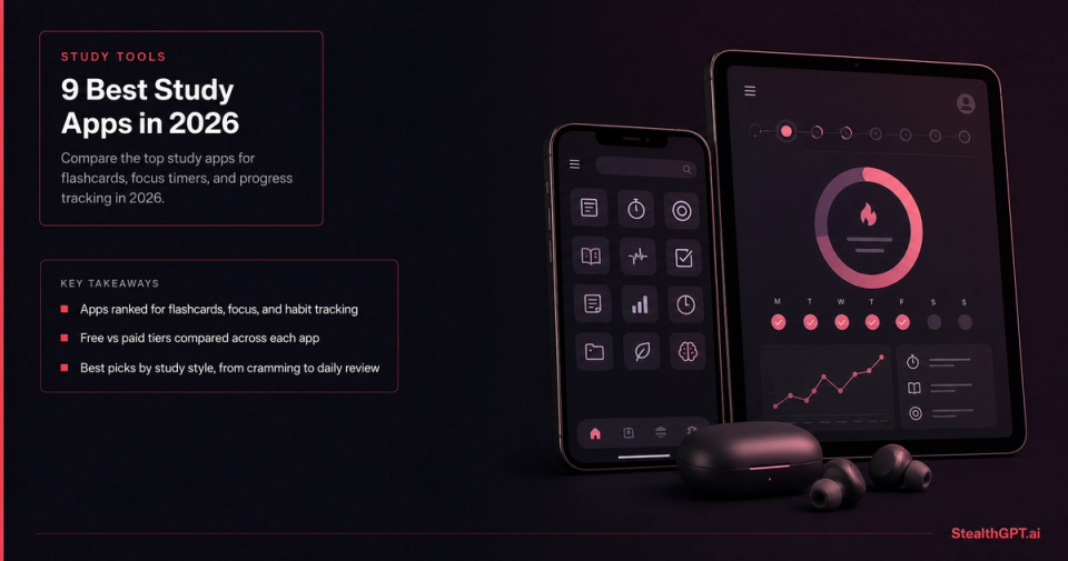 Smartphone and tablet showing study app dashboards with a progress ring, next to wireless earbuds — StealthGPT.ai thumbnail