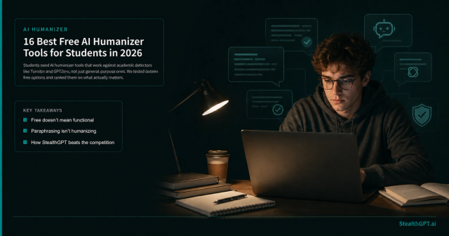 Teal listicle thumbnail with a graduation cap icon and headline "8 Best Free AI Humanizer Tools for Students in 2026" on deep navy