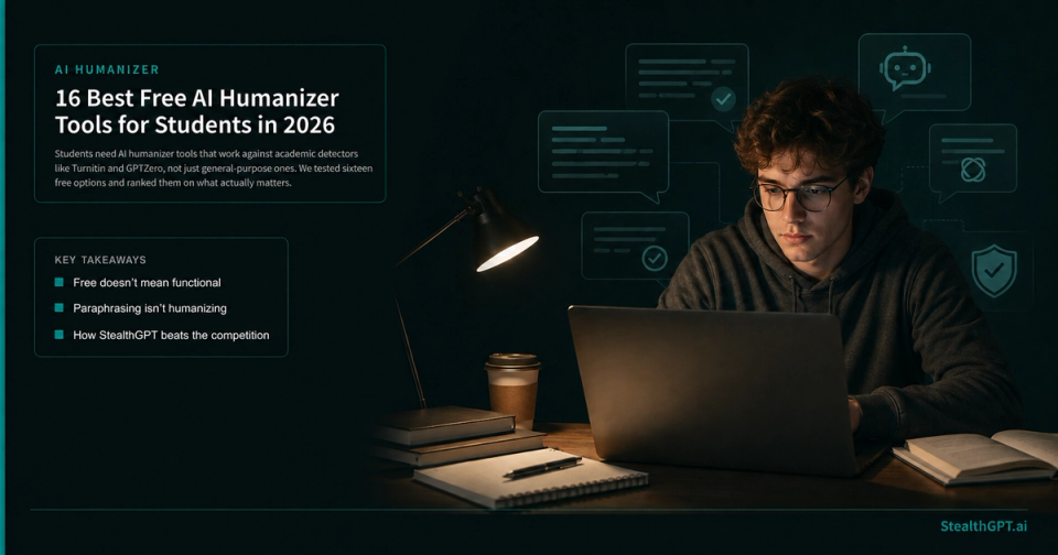 Teal listicle thumbnail with a graduation cap icon and headline "8 Best Free AI Humanizer Tools for Students in 2026" on deep navy